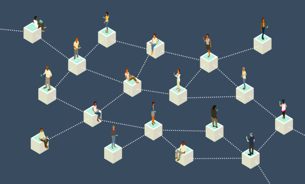 blockchain-illustration mit menschen - connection block stock-grafiken, -clipart, -cartoons und -symbole