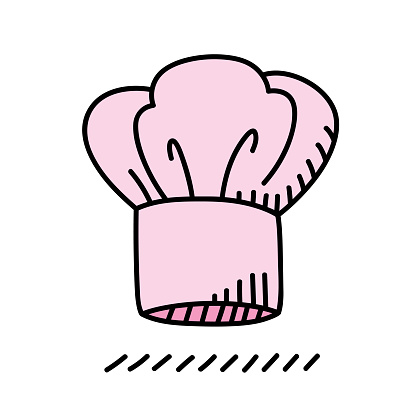 Vector illustration of a hand drawn pink chef hat against a white background.