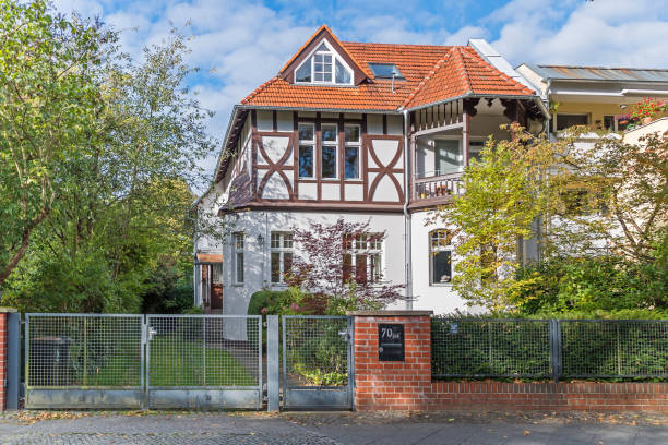 Berlin, Germany - October 12, 2021: Mansion at Baseler Street 70 in the 19th-century Villenkolonie Lichterfelde, a German concept of settlements completely made up of mansion houses or villas