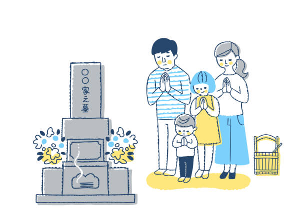 Family praying in front of the grave Family, Japanese style, Gassho, pray, ancestors, graves, graveyards mourning illustrations stock illustrations