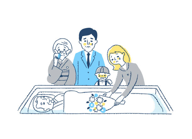 The bereaved family who say goodbye to the deceased in the coffin Coffin, deceased, bereaved family, ritual, Japanese style, farewell, death coffin crematorium stock illustrations