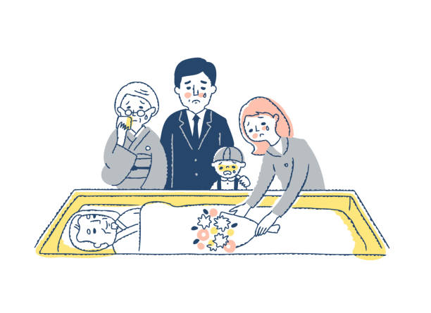 The bereaved family who say goodbye to the deceased in the coffin Coffin, deceased, bereaved family, ritual, Japanese style, farewell, death mourning illustrations stock illustrations