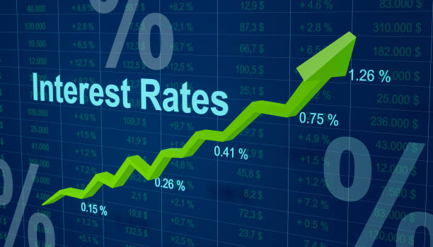gráfico con tasas de interés, cotizaciones y porcentajes en aumento. - rating debt usa stock market fotografías e imágenes de stock
