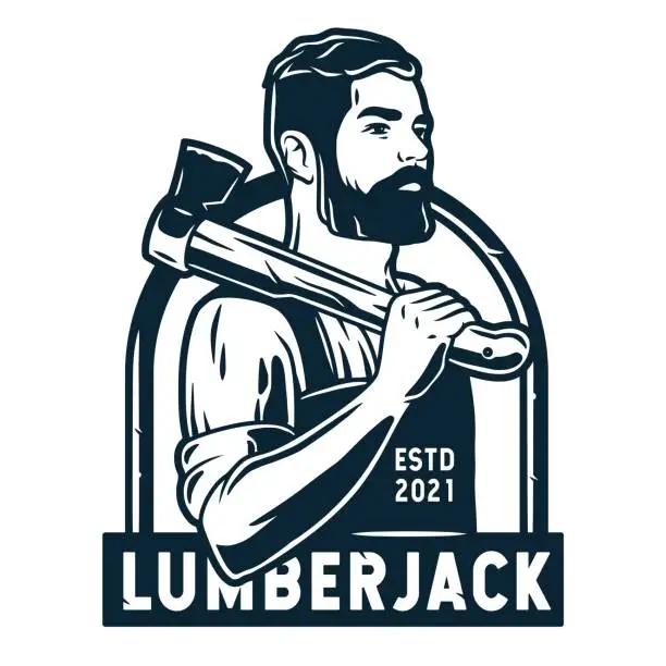 Vector illustration of Bearded lumberjack with axe. Axeman handyman logo