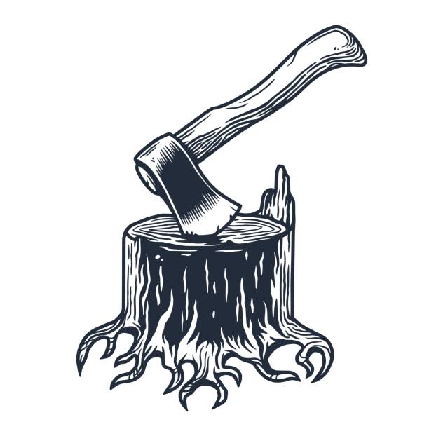 Lumberjack stump with axe for axeman logo design Lumberjack wood stump with axe for logo and emblem of carpenter. Ax and roots for t-shirts print design for axeman, woodsman axe stump stock illustrations