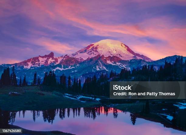 Spring Morning In The Cascade Range With Reflection Of Mount Rainier Wa Stock Photo - Download Image Now