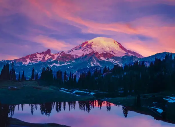 Glowing sunrise morning with reflection of Mount Rainier