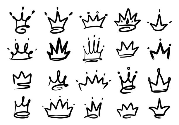 illustrations, cliparts, dessins animés et icônes de doodle roi couronne reine. logo dessiné à la main ensemble noir. concept d’esquisse de royaume vectoriel. - crown