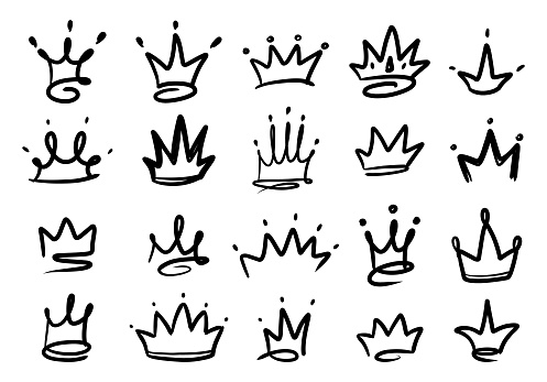 Doodle king queen crown. Hand drawn logo black set. Vector kingdom sketch concept