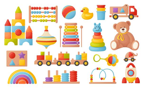 ilustraciones, imágenes clip art, dibujos animados e iconos de stock de un conjunto de coloridos juguetes para niños. ilustraciones vectoriales con estilo de dibujos animados. - juegos de preescolar