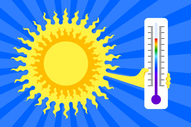 Sun is holding thermometer, concept of high temperature outside vector art illustration