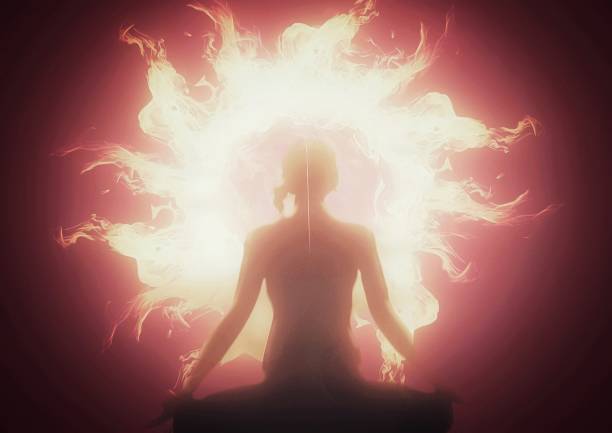 エネルギーを燃やし、瞑想する女性の3dイラスト - aura ストックフォトと画像