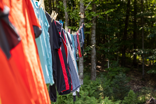 Clothing Drying on Clothesline Outdoors in Summer.