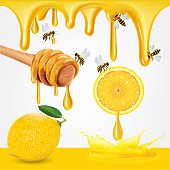 istock Honey and sliced lemon with lemon leaves isolate on white background, vector illustration 1367445124
