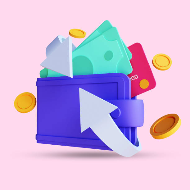 3d render of cash back concept, wallet icon floating with arrow, getting cash rewards and gift from online shopping, isolated on pink background - 平價店 插圖 個照片及圖片檔