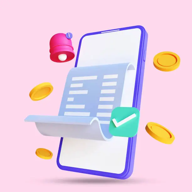 3d render of Online Payment concept, transaction receipt online payment icon. Isolated on pink background