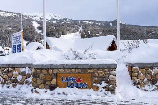 Lake Louise, Alberta, Canada - January 11 2022 : Lake Louise Ski Resort Main Lodge. Covid-19 pandemic period.