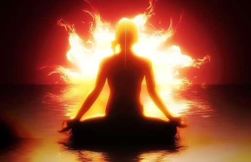 3D illustration of a woman burning energy and meditating