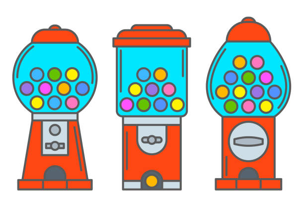 gumball-maschine icon-set. retro-automaten für süßigkeiten und kaugummis. sweets slot vektor-illustration isoliert auf weißem hintergrund - kaugummiautomat stock-grafiken, -clipart, -cartoons und -symbole