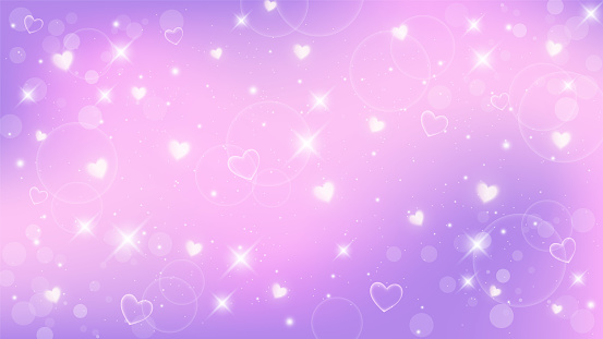 Fantasy background. Pattern in pastel colors. Pink sky with stars and hearts. Vector.