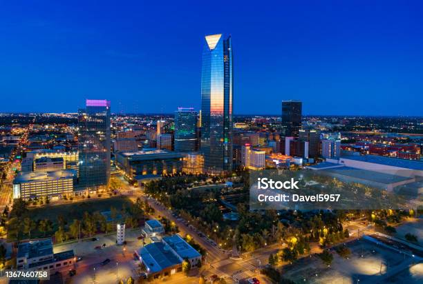 Oklahoma City Skyline Aerial View At Dusk With Botanical Gardens Stock Photo - Download Image Now