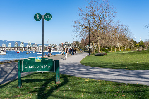 Vancouver, BC, Canada - April 16 2021 : Charleson Park in springtime season. Flowers in full bloom.