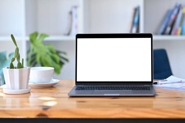 istock Front view computer laptop, potted plant and coffee cup on wooden table. 1367461502