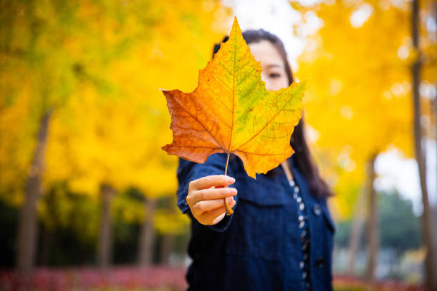 Young women holding autumn leaf