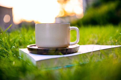 A cup of hot coffee and book on the grass