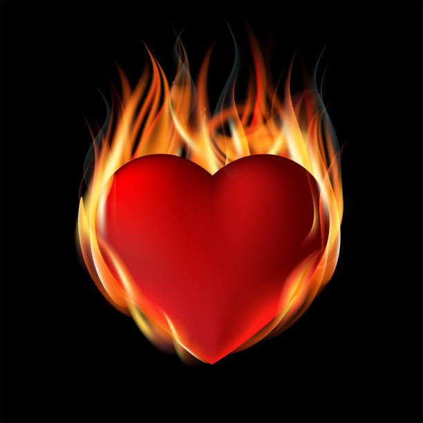 黒い背景に火で赤い燃える心。 - heart shape love backgrounds illuminated点のイラスト素材／クリップアート素材／マンガ素材／アイコン素材