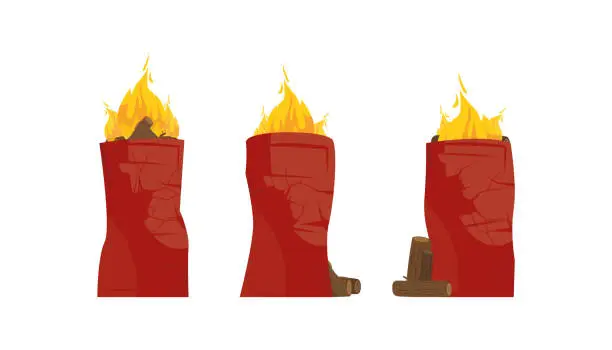 Vector illustration of Set of metal burning barrels. Bonfire in a barrel. Isolated. Vector illustration.