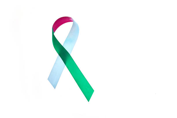 three-color ribbon for the world rare disease day on white background. 28 of february. - rare imagens e fotografias de stock