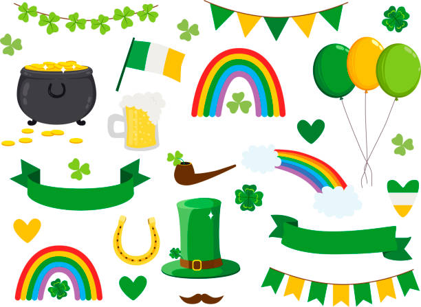 набор элементов векторного дизайна ко дню святого патрика - luck st patricks day horseshoe rainbow stock illustrations