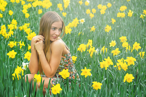 Daffodil field in the spring with a young beauty