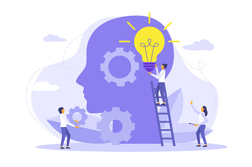 Profile human head thinking with bulb lamp and gear. Symbol creativity, idea, mind, thinking, innovation, knowledge, solution. Vector flat illustration concept. Design for banner, background, poster