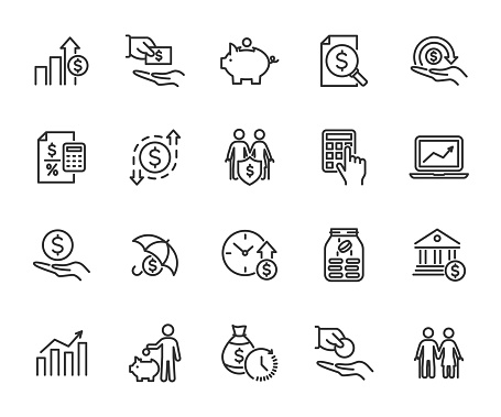 Vector set of money income line icons. Contains icons profit, expenses, income tax, pension fund, piggy bank, loan, income protection, profit and loss and more. Pixel perfect.