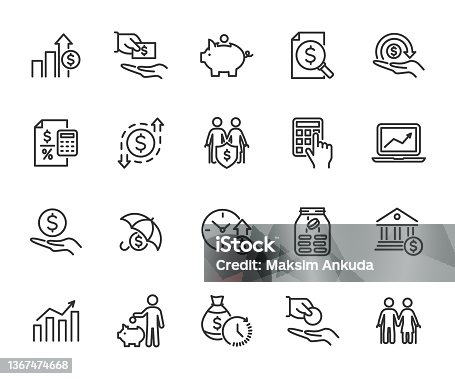 istock Vector set of money income line icons. Contains icons profit, expenses, income tax, pension fund, piggy bank, loan, income protection, profit and loss and more. Pixel perfect. 1367474668