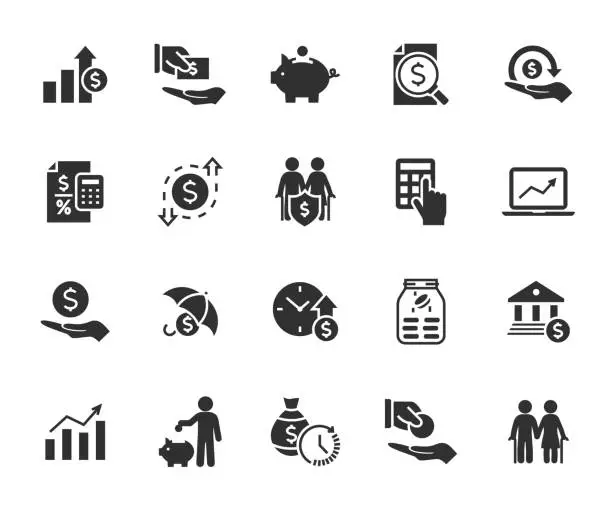 Vector illustration of Vector set of money income flat icons. Contains icons profit, expenses, income tax, pension fund, piggy bank, loan, income protection, profit and loss and more. Pixel perfect.