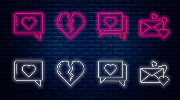 istock Set line Broken heart or divorce, Like and heart, Like and heart and Envelope with heart. Glowing neon icon on brick wall. Vector 1367474797