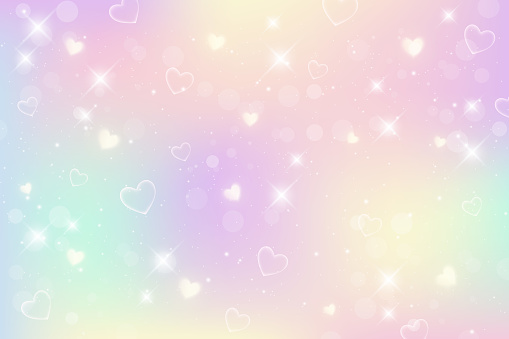 Rainbow fantasy background. Holographic illustration in pastel colors. Cute cartoon girly background. Bright multicolored sky with bokeh and hearts. Vector illustration