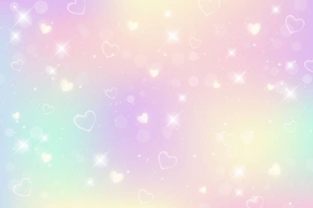 Rainbow fantasy background. Holographic illustration in pastel colors. Cute cartoon girly background. Bright multicolored sky with bokeh and hearts. Vector. Rainbow fantasy background. Holographic illustration in pastel colors. Cute cartoon girly background. Bright multicolored sky with bokeh and hearts. Vector illustration kawaii stock illustrations