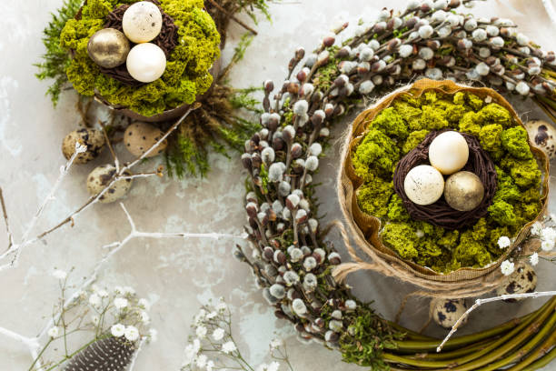 istock Traditional Russian Ukrainian Easter Cake Kulich. Orthodox Christian Easter Cake with cheese, frosting, Easter Eggs and willow twigs on spring  background. Copy space for text, place for design 1367476935