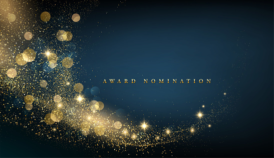 Awarding the nomination ceremony luxury background with golden glitter sparkles. Vector 2022 design. Abstract shiny color gold wave design element and glitter effect on dark background. For Calendar, poster design