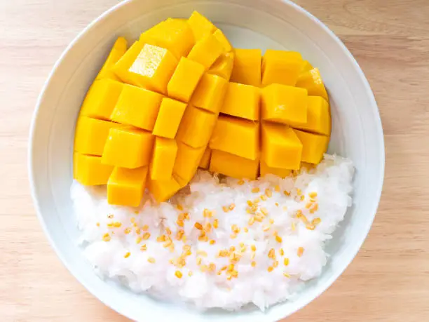 Close up of mango sticky rice with coconut milk on plate. Thai dessert with selective focus