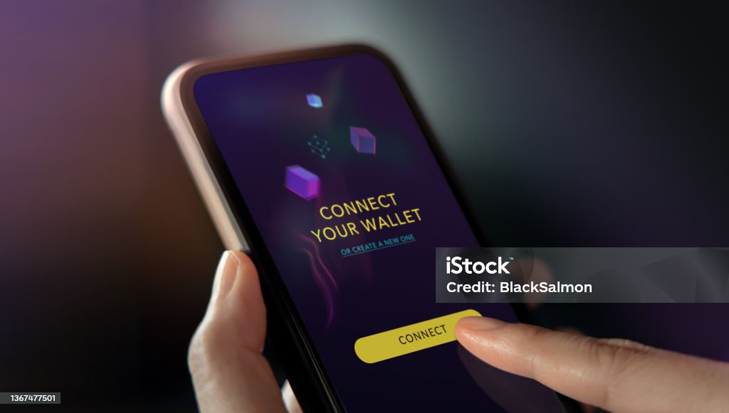 Web3 Technology Concept. Hand Using Mobile Phone to Connect Digital Wallet. Smart, E-wallet, Financial and Economy on Borderless. Closeup shot Digital Wallet Stock Photo