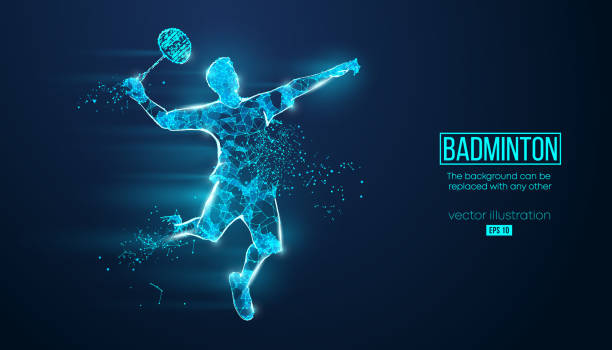 illustrazioni stock, clip art, cartoni animati e icone di tendenza di silhouette astratta di un giocatore di badminton wireframe da particelle sullo sfondo - tennis silhouette back lit tennis ball