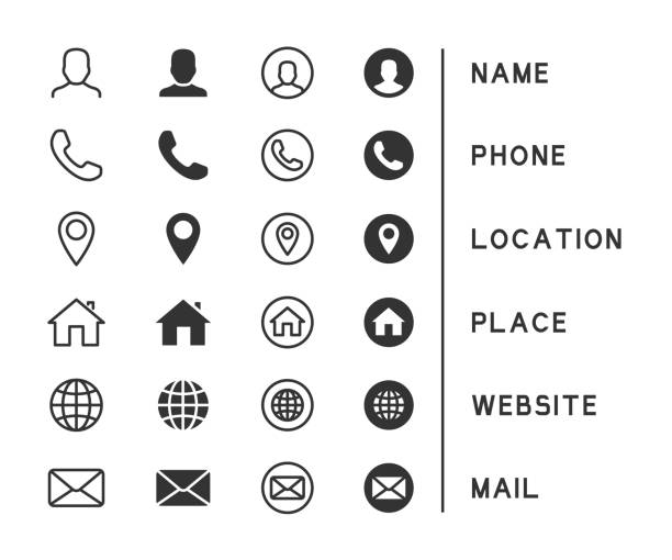 ilustraciones, imágenes clip art, dibujos animados e iconos de stock de conjunto vectorial de iconos de tarjetas de visita. contiene iconos nombre, teléfono, ubicación, lugar, sitio web, correo. - ícono