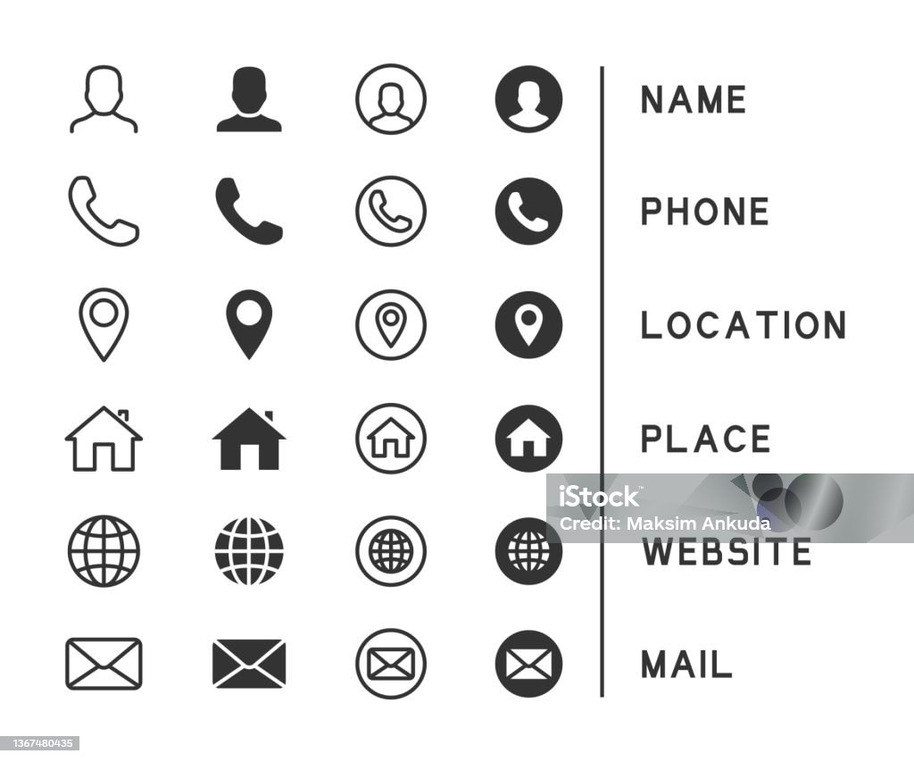 Conjunto vetorial de ícones de cartão de visita. Contém nome de ícones, telefone, localização, local, site, correio. - Vetor de Ícone de Computador royalty-free