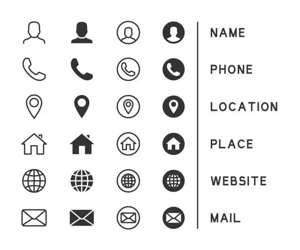 Vector illustration of Vector set of business card icons. Contains icons name, phone, location, place, website, mail.
