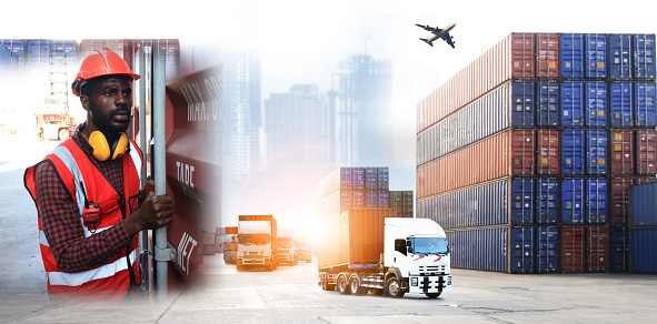 logistics background for delivery business or transportion industry,African American engineer working in container area  logistics transportation import export or shipping industry free-zone area